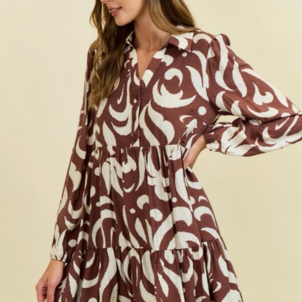 Doe and Rae Chocolate Leaf Printed Poplin Half Button Down Mini Dress - Picture 3 of 5